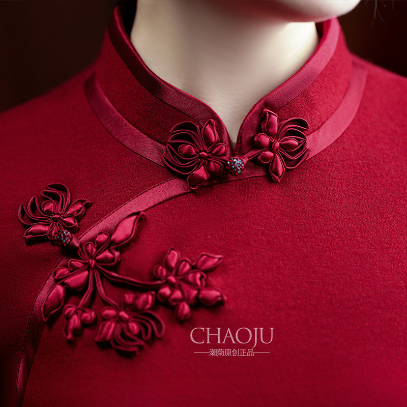 喜婆婆婚宴装2024新款秋冬款酒红色气质高贵婚宴妈妈礼服平时可穿