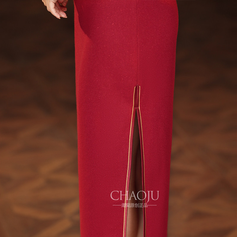 喜婆婆婚宴装2024年新款礼服红色旗袍妈妈高端秋冬款长袖加厚毛呢