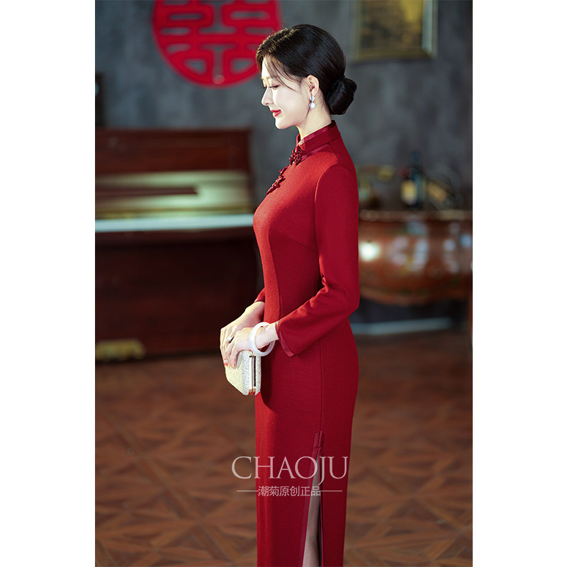 喜婆婆婚宴装2024新款秋冬款酒红色气质高贵婚宴妈妈礼服平时可穿