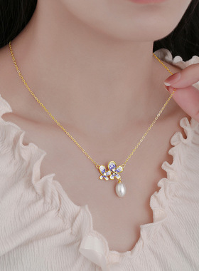 925银女锁骨链珍珠紫藤花项链