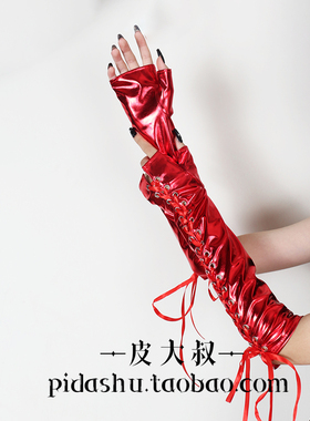 暗黑系中长款绑丝带半指手套抽绳
