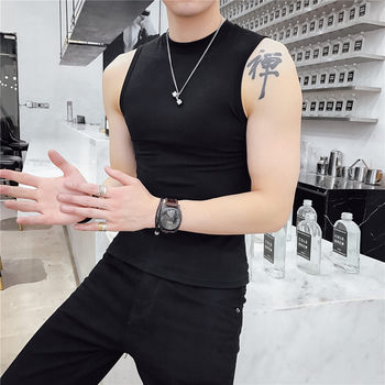 Qingxia ຫນຸ່ມ sleeveless vest ຜູ້ຊາຍສະບັບພາສາເກົາຫຼີ trendy ກະທັດຮັດກິລາໄຫຼ T-shirt ຄໍສູງ sleeveless FSD ໃກ້ຊິດລະດູການຮ່າງກາຍ sweat