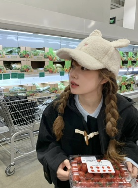 羊羔毛绒棒球帽女秋冬季时尚显脸小百搭韩版潮大头围兔耳朵鸭舌帽