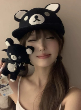 原创自制辣妹甜酷风黑色黑夜轻松小熊平沿帽带耳暖可调节棒球帽子
