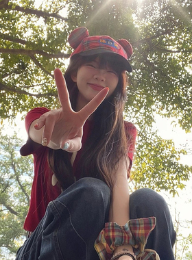 可爱卡通格子鼠鼠帽女甜心格子耳子格纹棒球帽大头围显脸小鸭舌帽