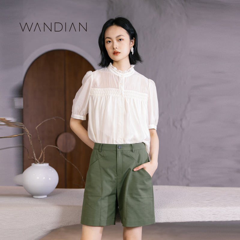 婉甸香槟米短袖上衣夏季新品宽松塔克工艺舒适小衫1232S15DJ5 - 图1