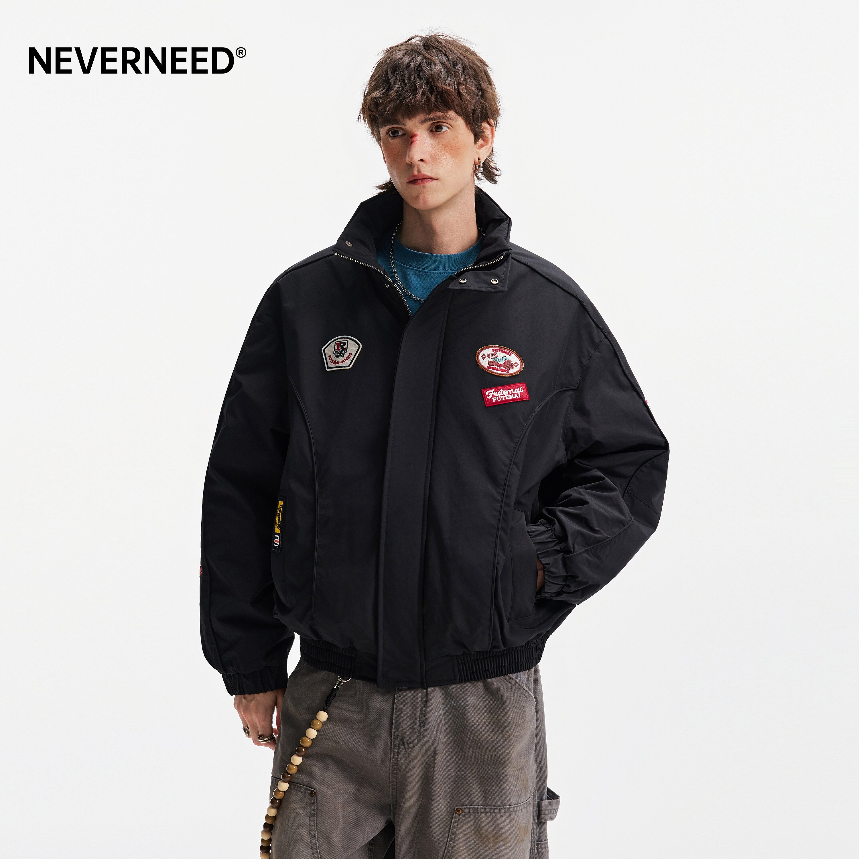 NEVERNEED纯色保暖棉衣男女秋冬季美式复古徽章短款机车棉服外套