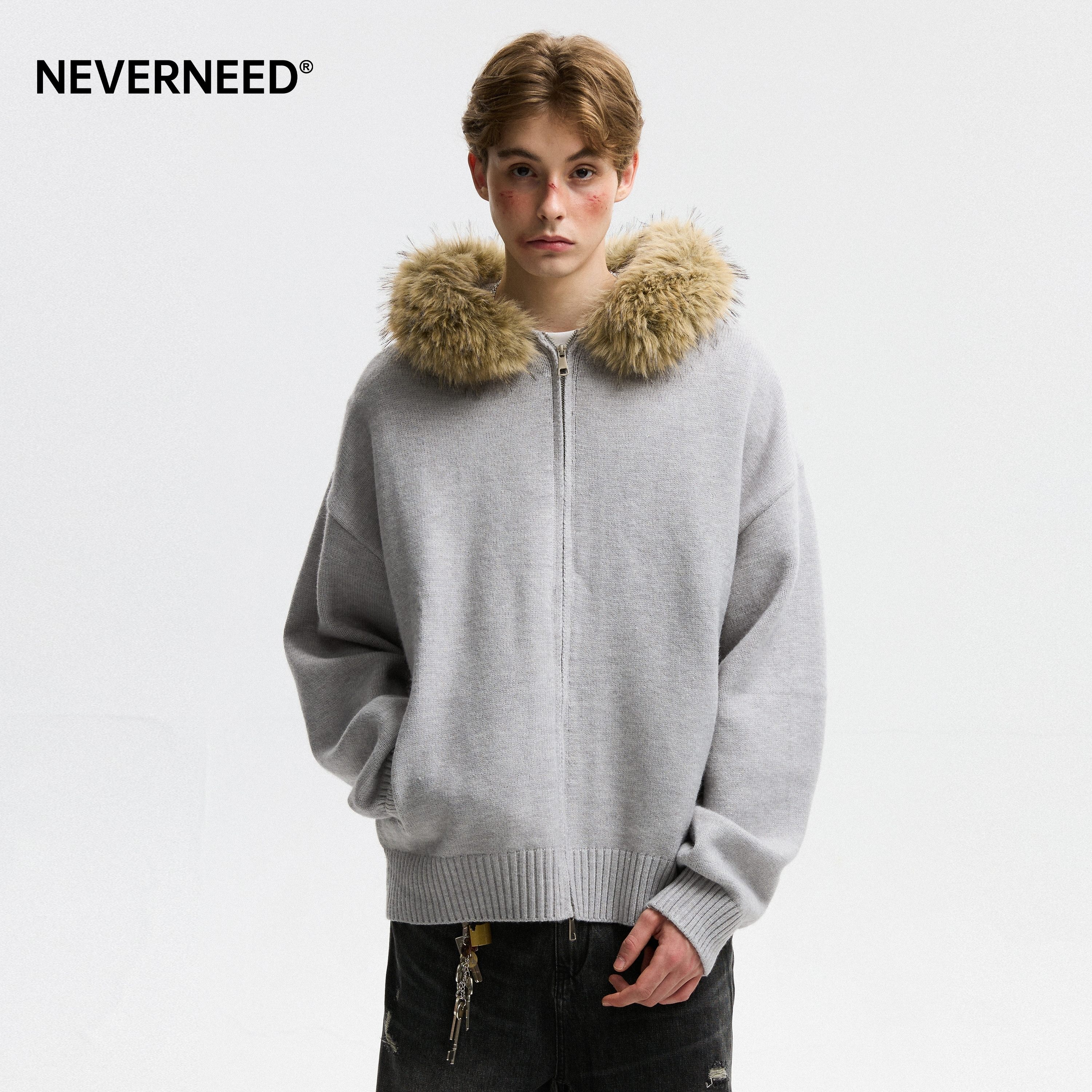 NEVERNEED双拉链连帽毛衣男女秋季美式慵懒风情侣针织开衫上衣潮,淘宝优惠券,粉丝福利购,淘宝优惠卷