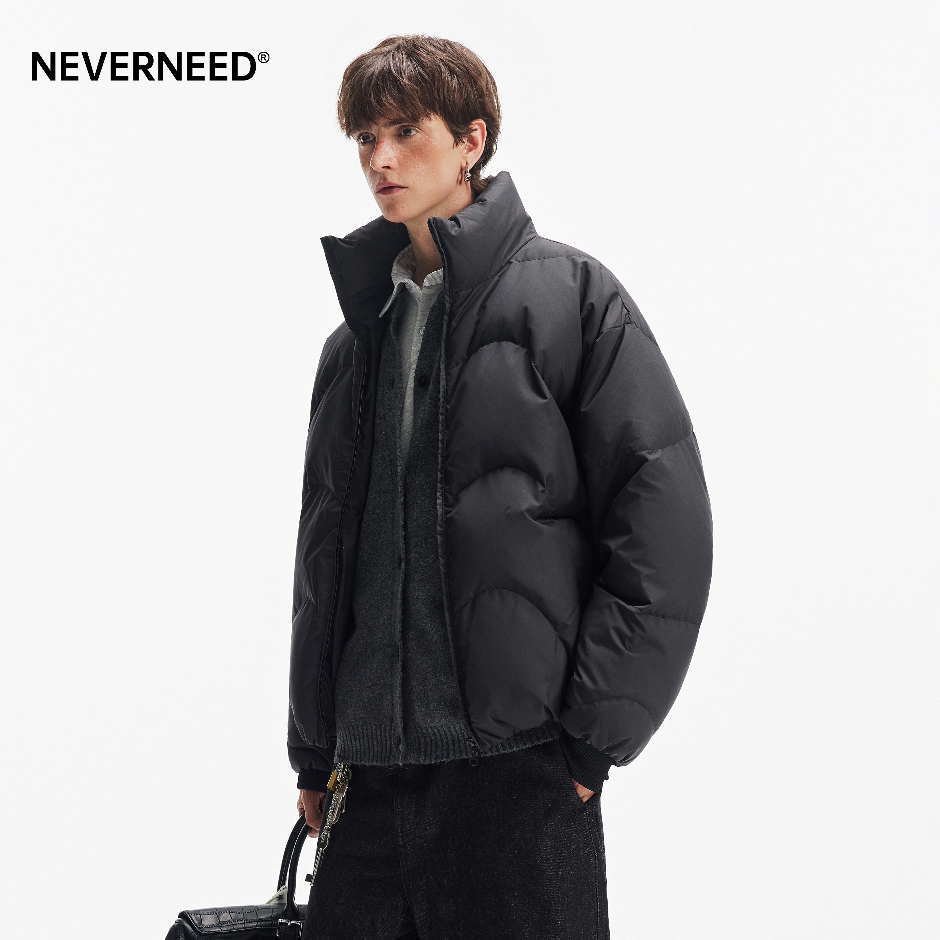 NEVERNEED三防特氟龙立领高充绒羽绒服男冬季加厚保暖面包服外套