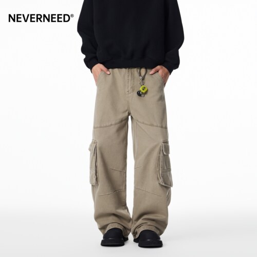 NEVERNEED水洗做旧直筒休闲裤男女秋季美式复古多口袋工装A字裤子 - 图1