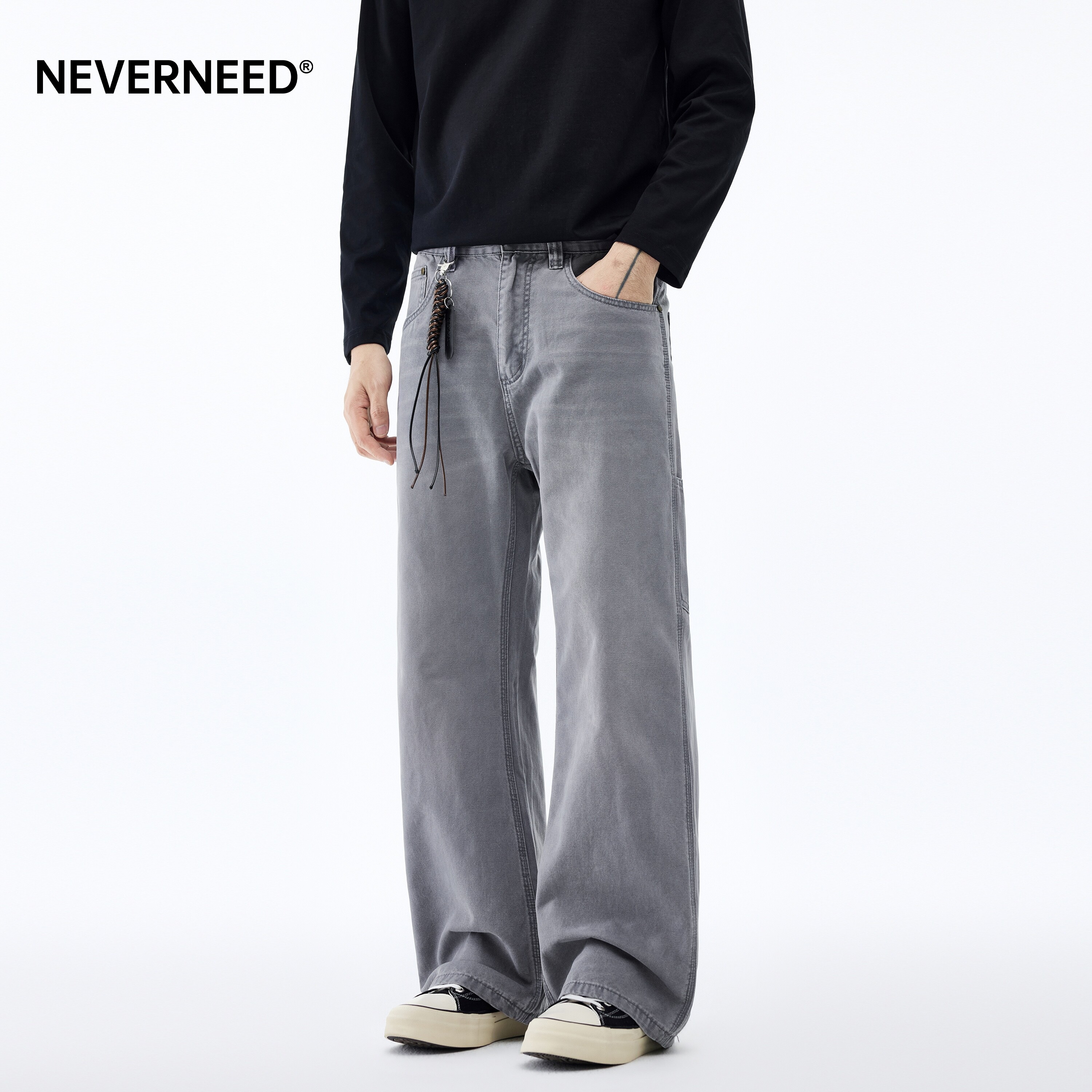 NEVERNEED纯棉直筒阔腿牛仔裤男女春季美式复古cleanfit微喇裤