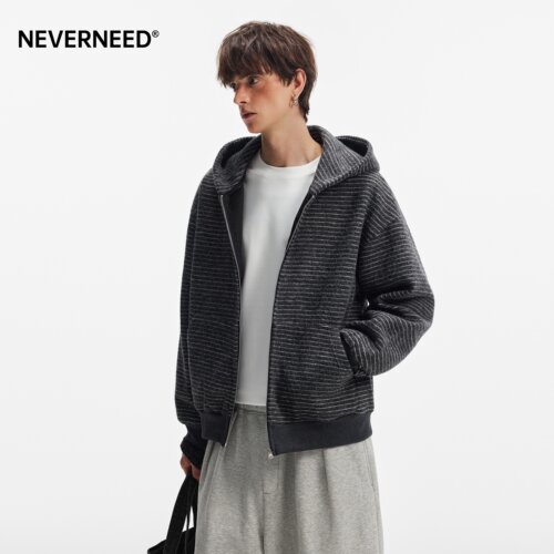 NEVERNEED美式复古cleanfit连帽卫衣男女重磅慵懒风条纹开衫外套 - 图1