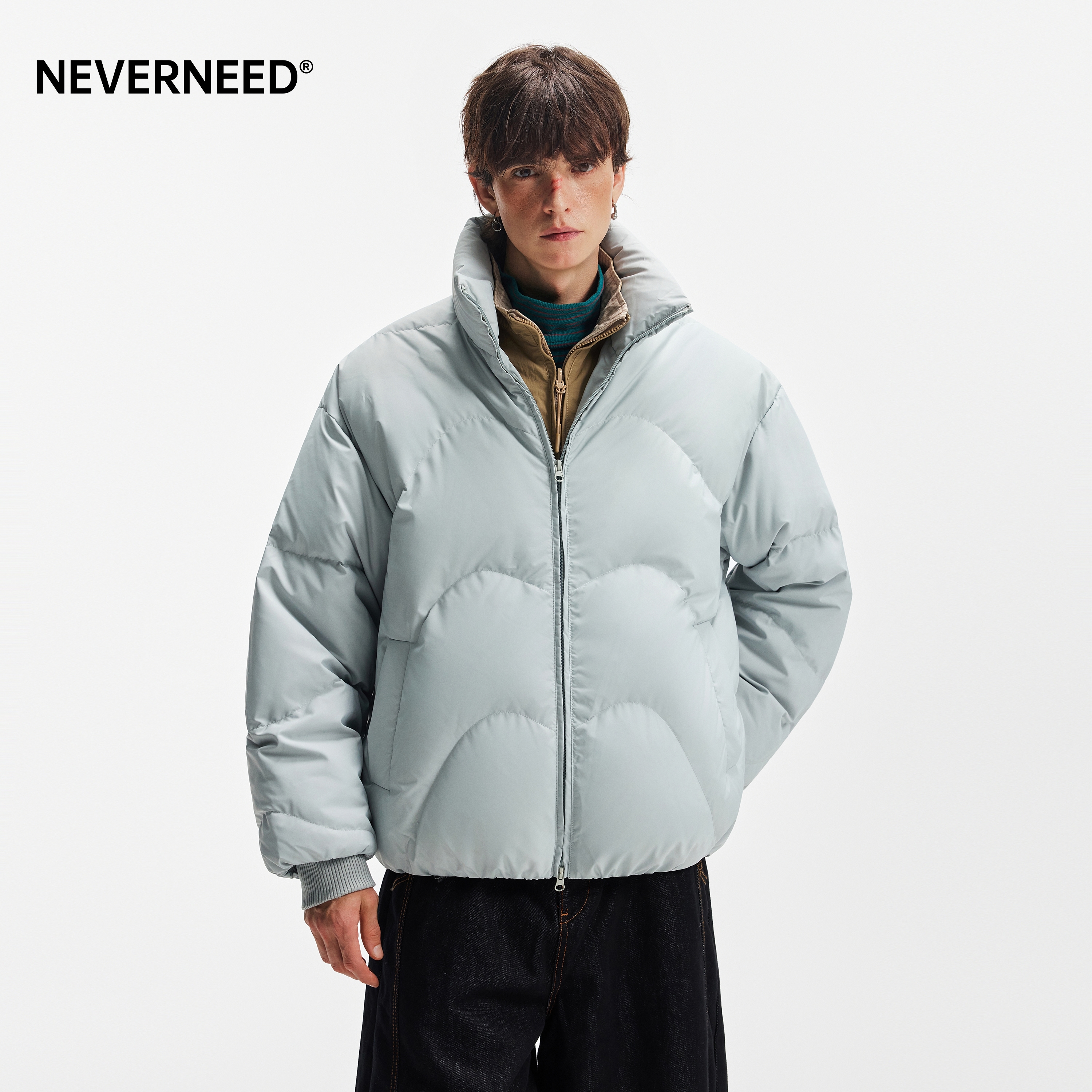 NEVERNEED三防特氟龙立领高充绒羽绒服男冬季加厚保暖面包服外套