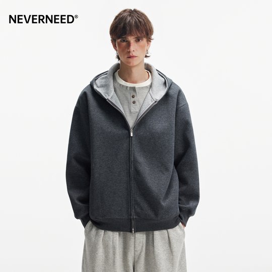NEVERNEED American cleanfit sudadera con capucha para hombres y mujeres boxy short doble cremallera contraste cardigan chaqueta