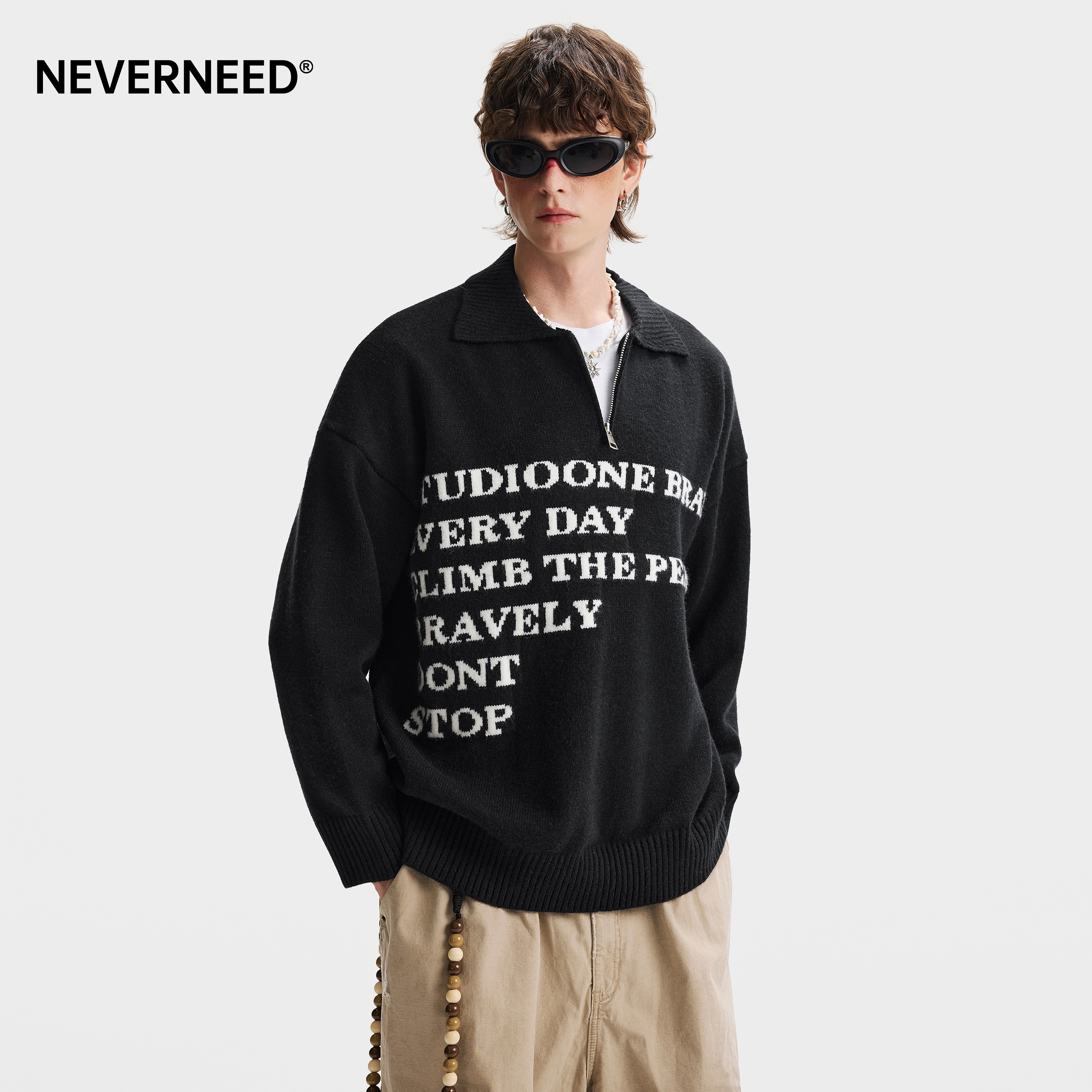 NEVERNEED半拉链polo领毛衣男女冬季美式简约字母慵懒套头针织衫,淘宝优惠券,粉丝福利购,淘宝优惠卷