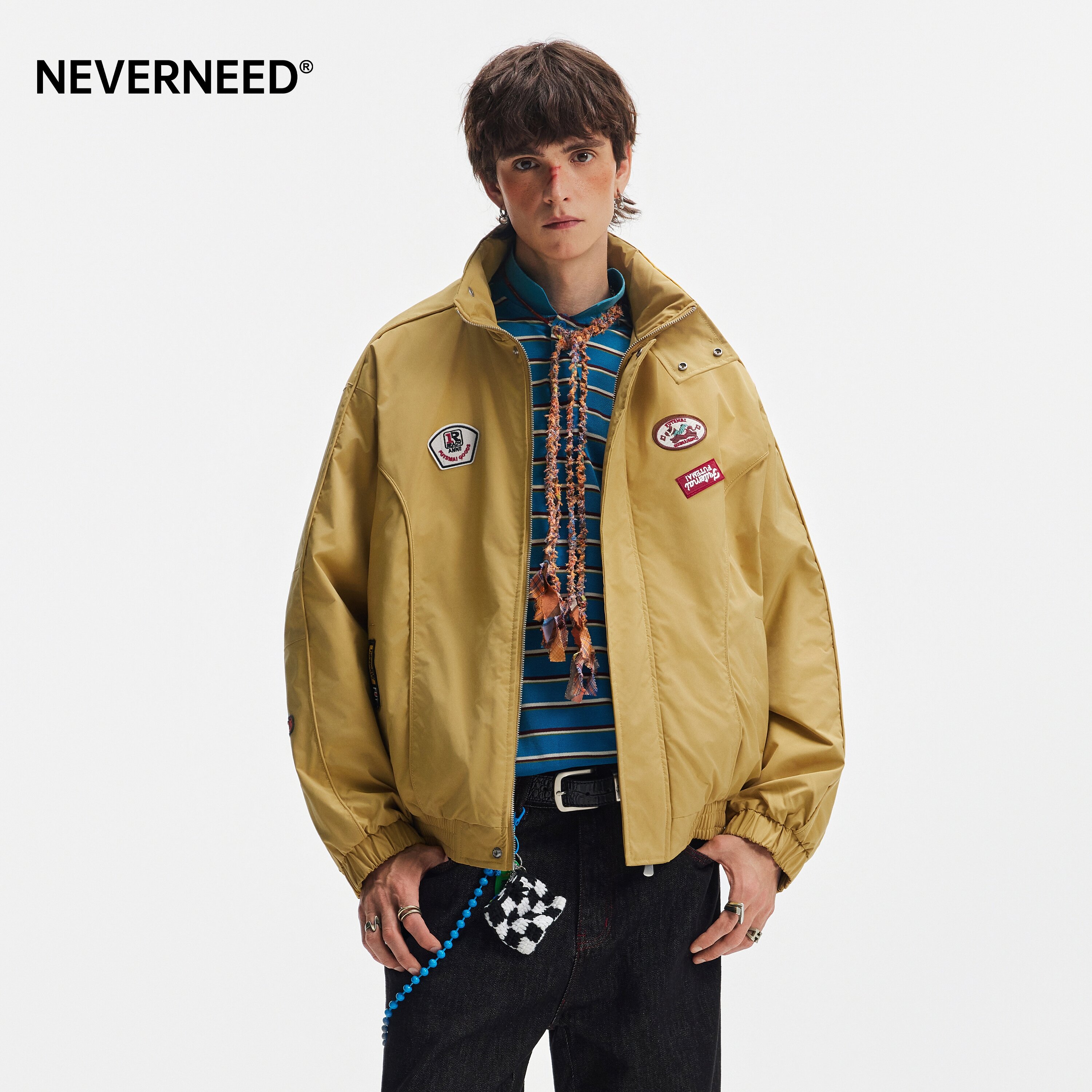 NEVERNEED纯色保暖棉衣男女秋冬季美式复古徽章短款机车棉服外套