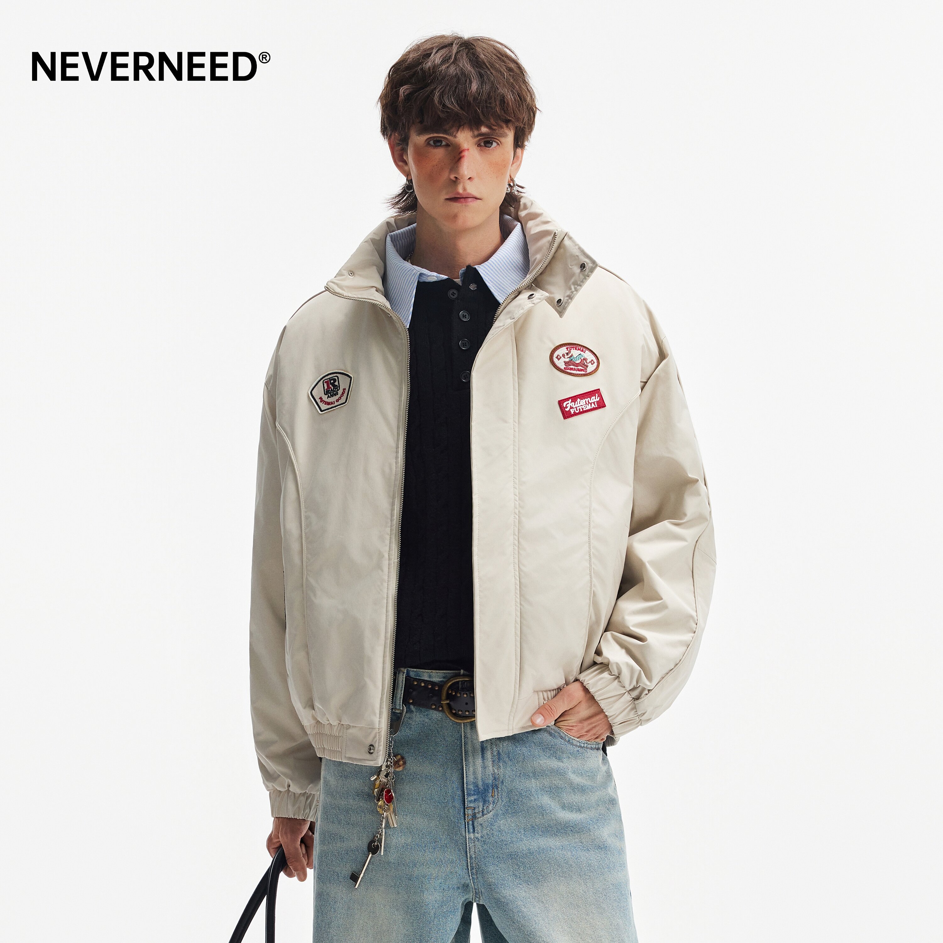 NEVERNEED纯色保暖棉衣男女秋冬季美式复古徽章短款机车棉服外套