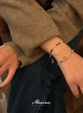 小众设计款天然黄水晶虎眼石手串碎银手链 通体s925纯银手工女款