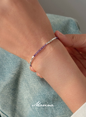 ins小众紫水晶碎银子精致小手链 天然石串珠手串通体s925纯银女