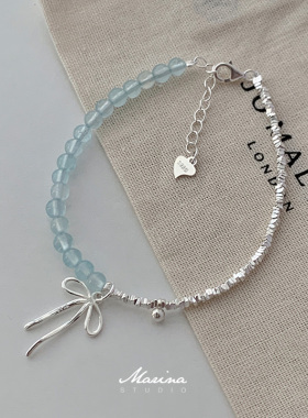 清冷高级感天然海蓝宝通体s925纯银蝴蝶结手工串珠手链水晶手串女