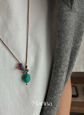 新中式绿松石金刚杵皮绳项链手工编绳长款毛衣链小众设计款女