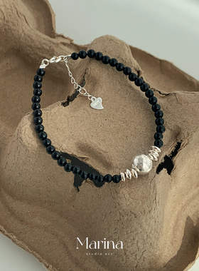 【黑酷松弛感】天然黑玛瑙通体925纯银串珠手串手链简约清冷感女