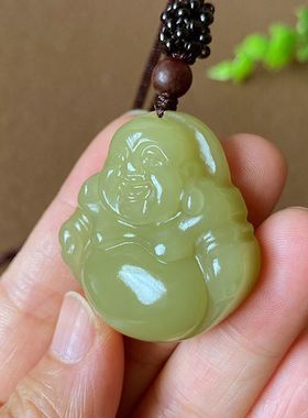 和田色玉石弥勒佛吊坠男女款黄口料大肚笑佛黄玉佛公玉石吊坠挂件