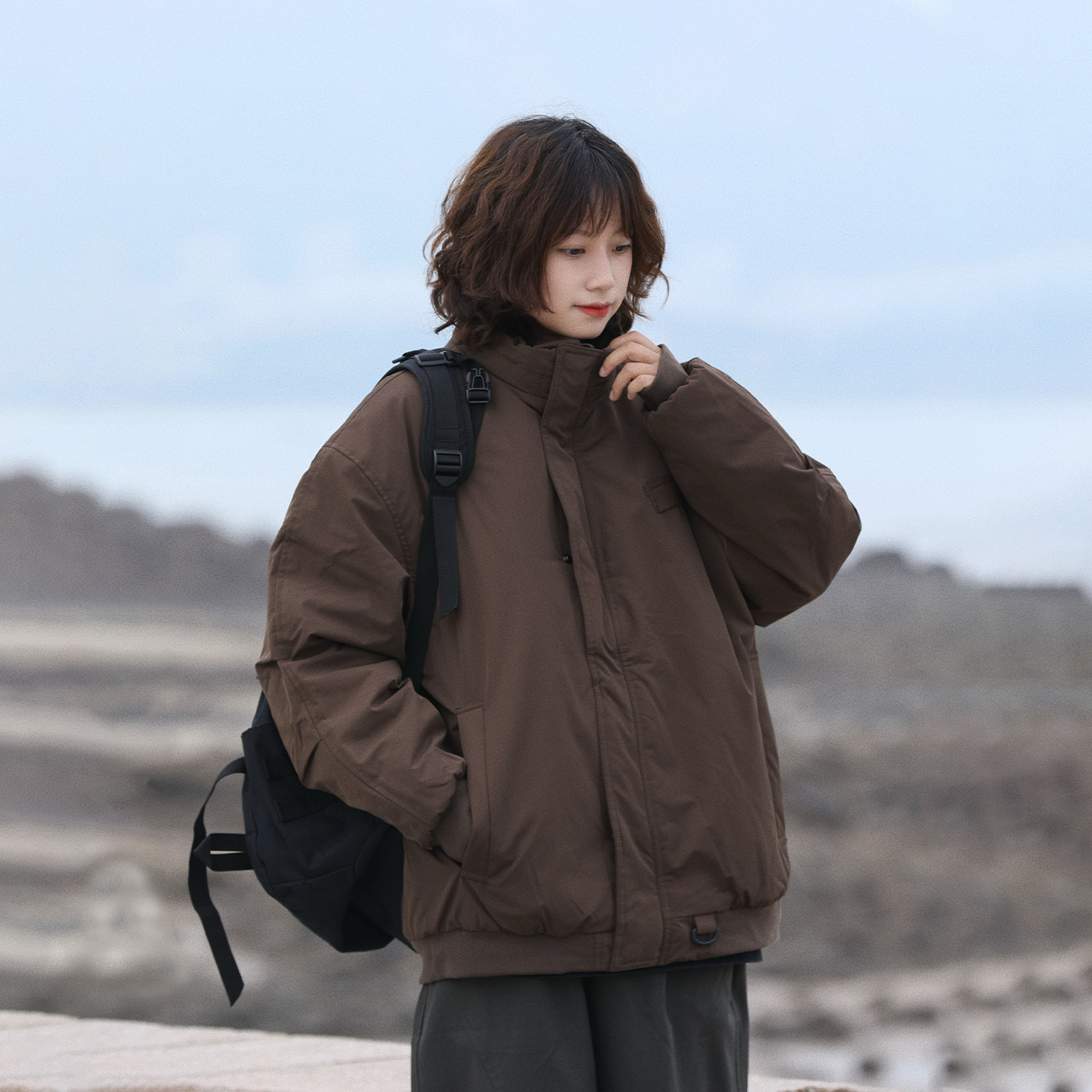 阿于呆冬季美拉德加厚立领棉服男美式复古宽松纯色保暖棉衣外套女 - 图0