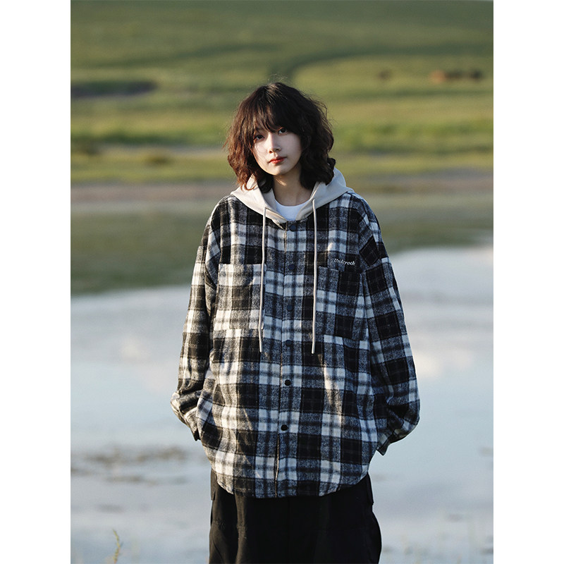 阿于呆日系假两件连帽格子长袖衬衫男秋季宽松慵懒百搭衬衣外套女