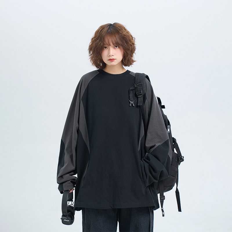 阿于呆日系复古撞色拼接插肩圆领卫衣男宽松休闲百搭纯棉长袖T恤 - 图2