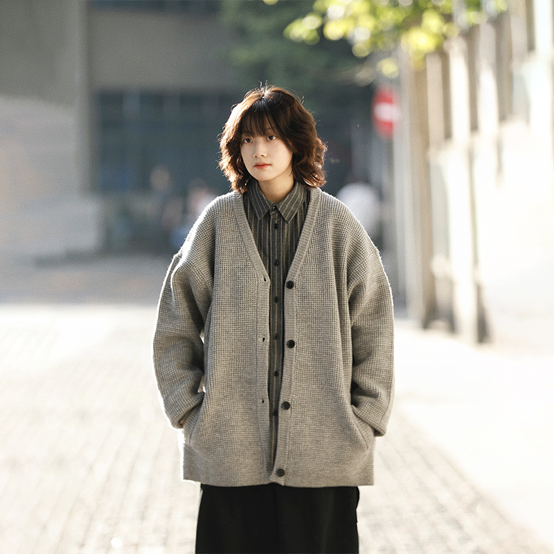 阿于呆秋冬日系复古毛衣开衫男美式慵懒保暖休闲宽松针织外套女潮 - 图1