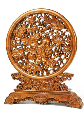 兴润阁桃木花开富贵摆件木雕牡丹花鸟台屏家居办公客厅工艺品吉祥