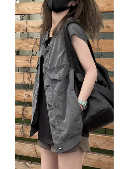 Summer Korean style design sense fashionable retro washing denim vest versatile casual thin sleeveless long jacket for women