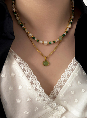 夏季绿色天然石碧玉彩色串珠多巴胺珍珠项链女叠戴吊坠锁骨颈链