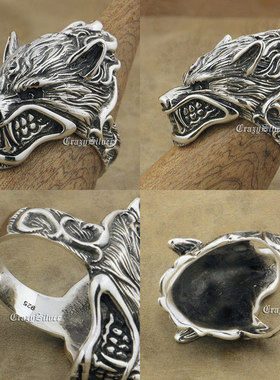 狼头男士复古纯银戒指