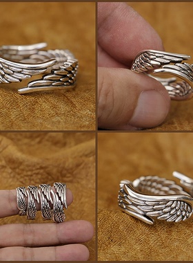 男女通用925银朋克羽毛戒指