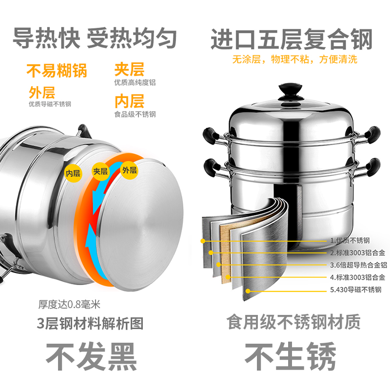 好佳品旗舰店1蒸锅不锈钢三层3层蒸馒头蒸笼加厚二层家用小煤气灶用电磁炉锅具3