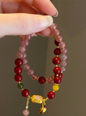 民族风新款天然草莓晶合香珠手链 复古天然石元宝吊坠双层手串女