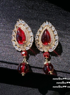 富贵红猫眼山茶花复古宝石项链女 镀18K金2024新年红锆石年会耳环
