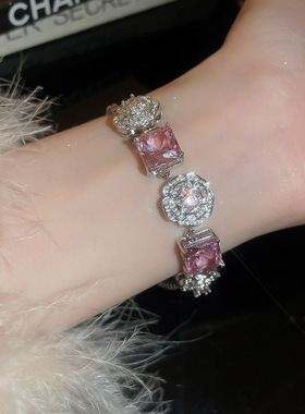 公主粉玫瑰花小方糖锆石手链耳环套装轻奢高级感名媛宴会项链饰品