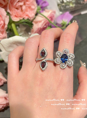 马达加斯加蓝矢车菊宝石戒指 气质简约镀18K金坦桑锆石马蹄莲指环