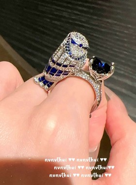 巴洛克个性高端鹦鹉蓝宝石轻奢戒指 气质18K金鸽子蛋锆石开口指环