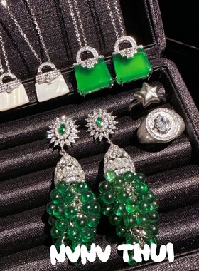 新中式绿玉髓优雅镶钻宝石项链 年会高定祖母绿米珠璀璨名媛耳坠