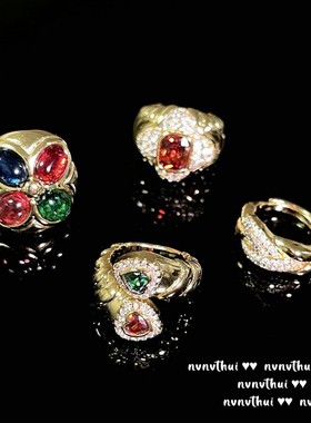 复古织纹雕金彩色宝石时尚走秀戒指 镀18K金气质名媛宴会锆石指环