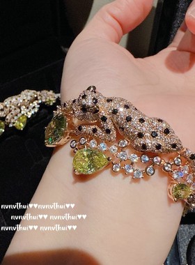 意大利复古猎豹水滴满钻宝石手链 璀璨电镀锆石名媛豹子珍珠项链