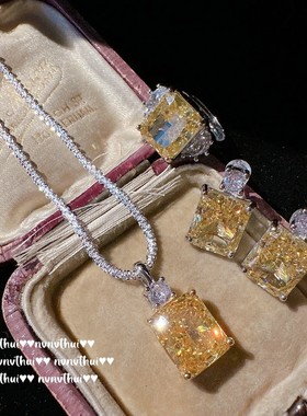 气质奢华金丝雀碧玺色宝石耳环复古宴会镀金黄锆石方项链戒指组合