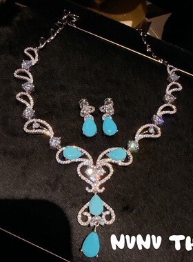 奥地利复古鸢尾花蓝松石水滴项链 名媛宴会高定花瓣水滴耳环套装