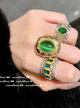 嘉柏俪绿泊丝珠罗纱宝石镀金戒指 中古宫廷气质蕾丝蜂巢锆石戒指