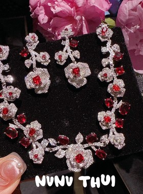 复古山茶花红宝石花藤奢华新娘项链 璀璨名媛晚宴玫瑰花锆石耳环