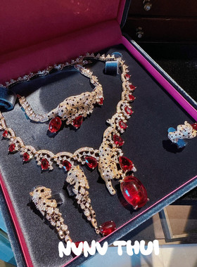 奢华石榴红水滴猎豹蛋形宝石项链 气质名媛宴会满钻豹子手链套装